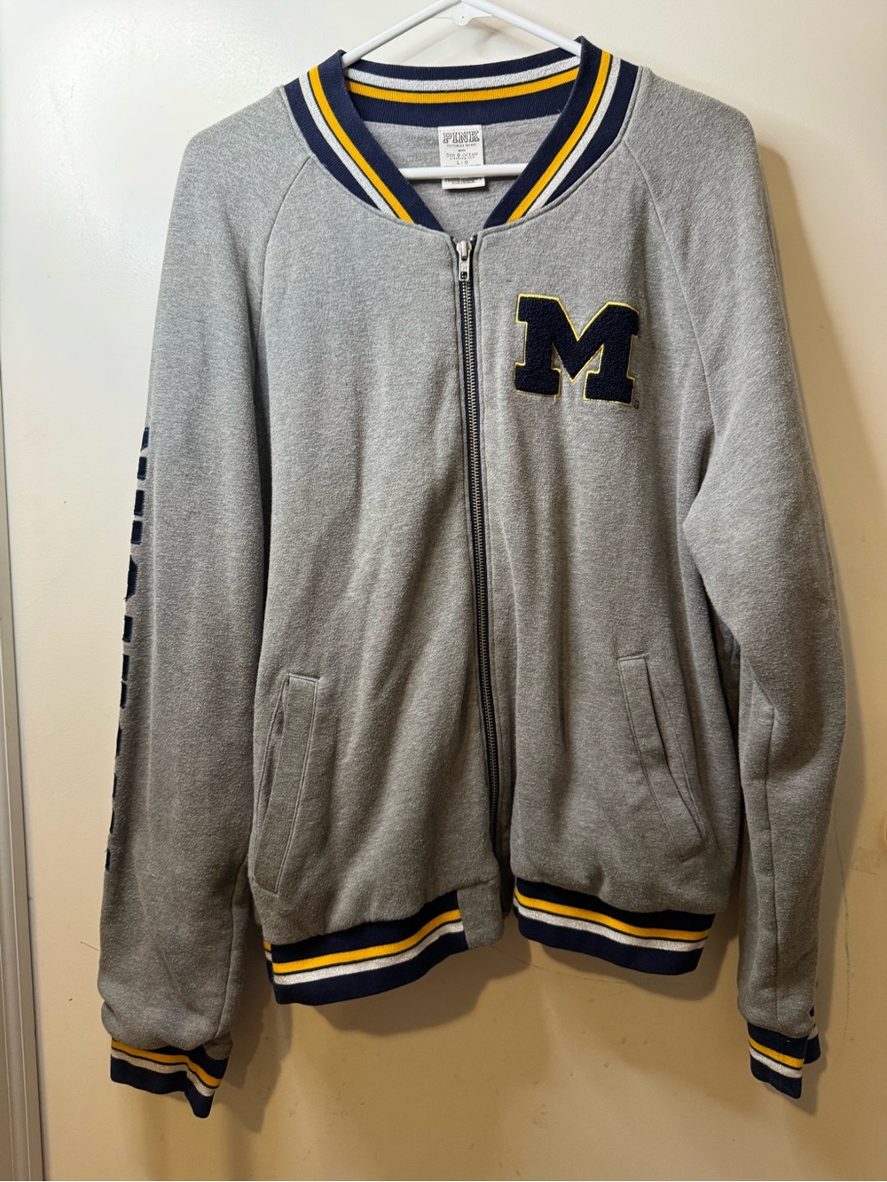 PINK Victoria's Secret Gray Bomber Jacket with Navy & Yellow Trim (L)